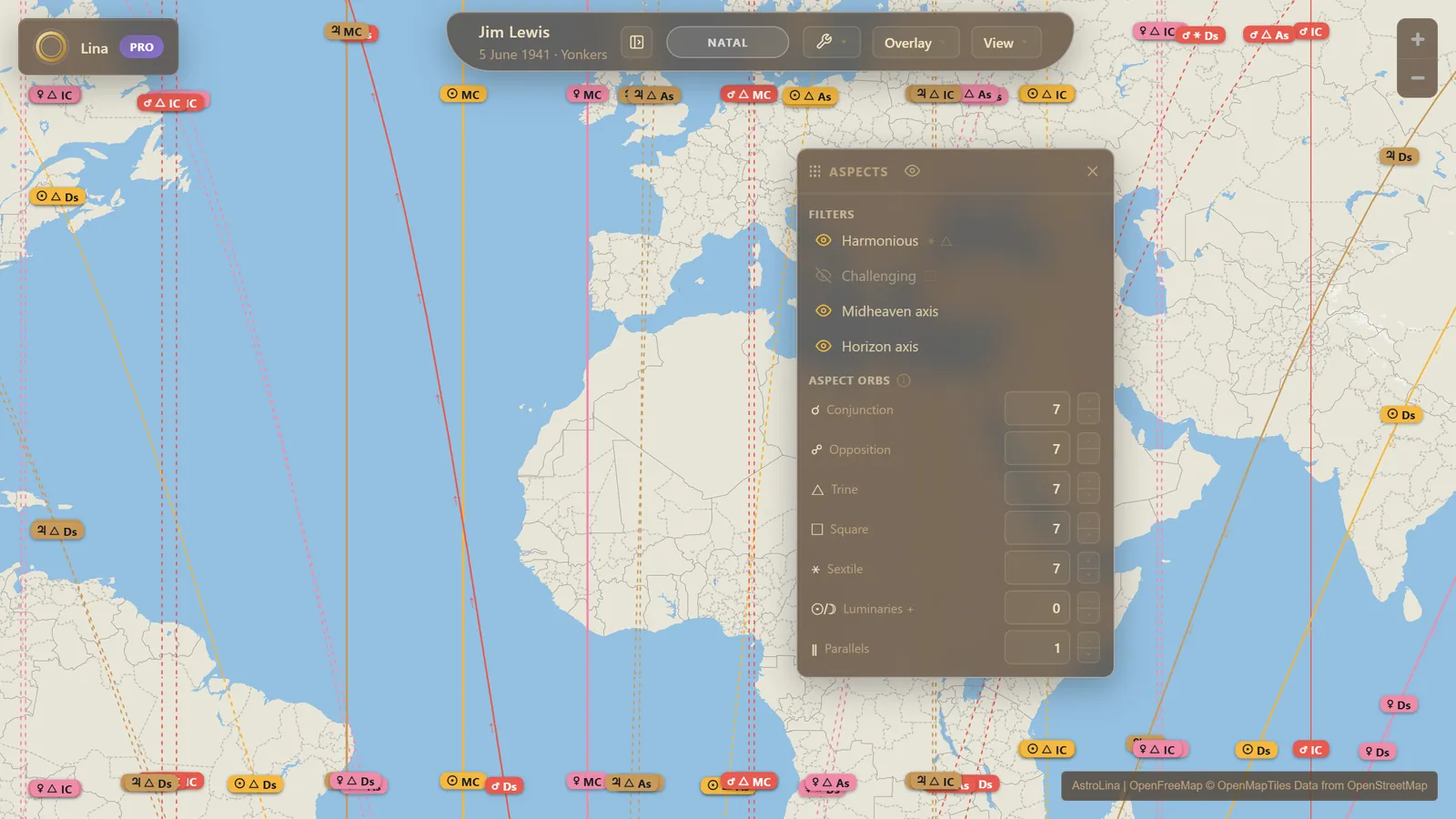 The Aspects window showing quality and axis filters above a table of per-aspect orbs, with filtered aspect lines drawn on the map behind it
