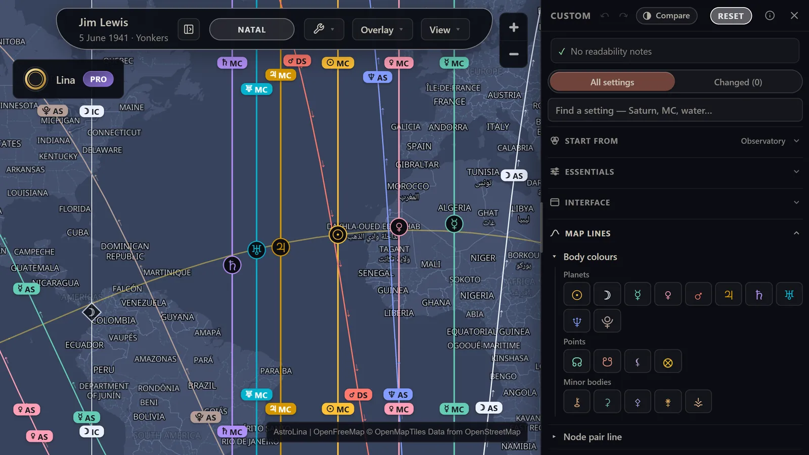 The theme editor docked at the right of the map, open at Body colours under Map lines with a colour for each body, and the map's lines drawn in them