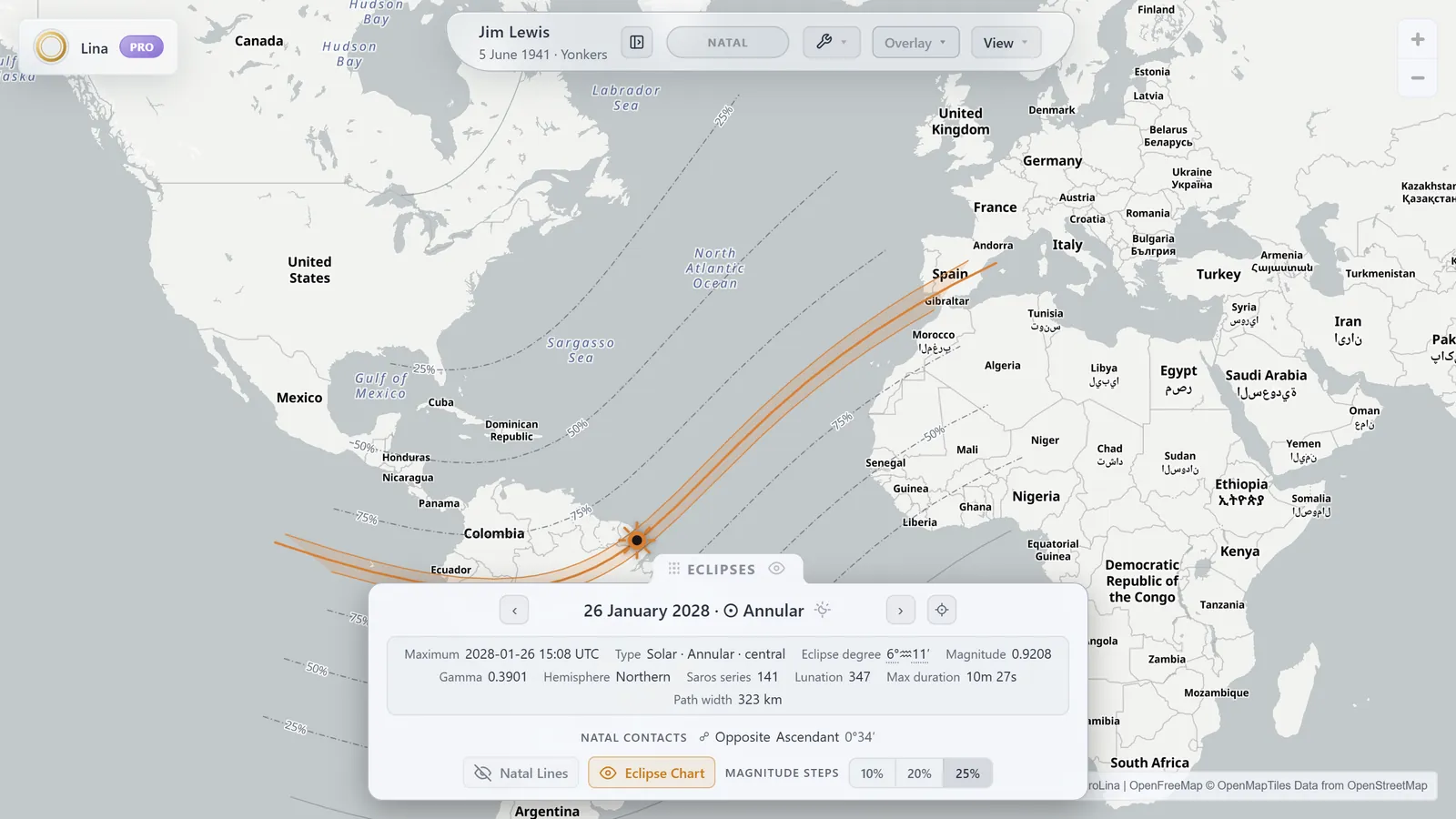 A solar eclipse path and its magnitude contours crossing the world map, with the eclipse's type, magnitude and Saros series listed alongside