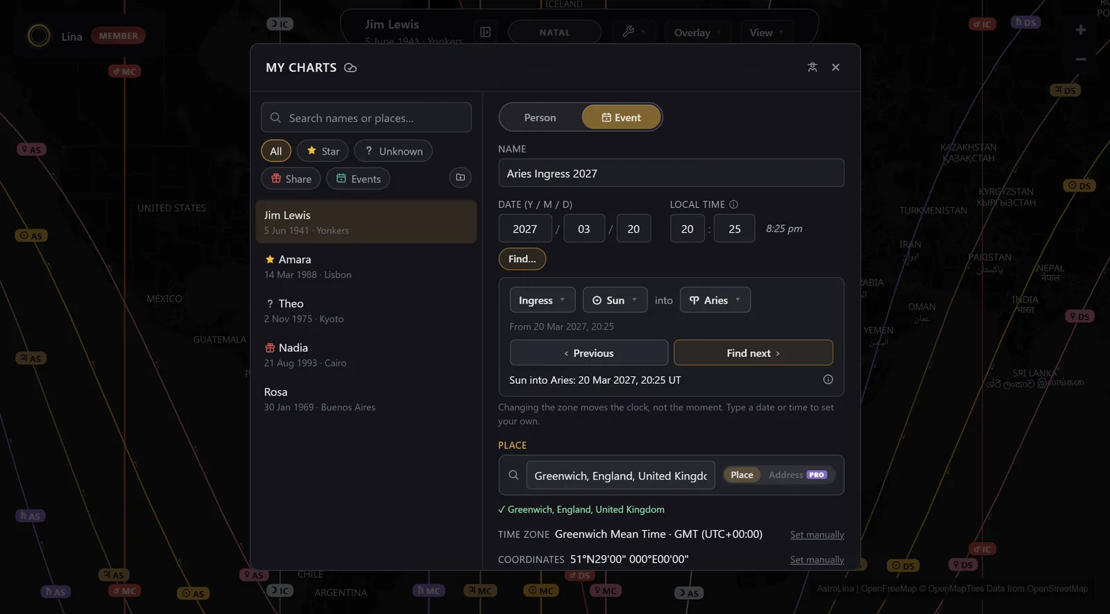 The new-chart form switched to Event, with its Find… panel set to an ingress of the Sun into Aries and the moment it found, 20 March 2027, filled into the date and time