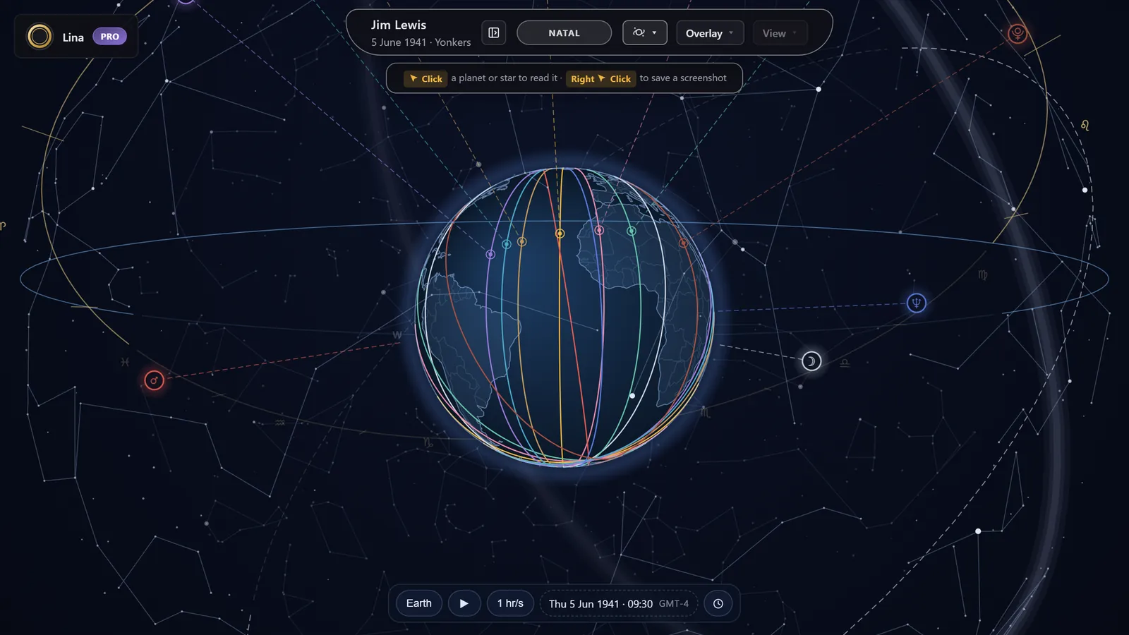 A 3D Earth carrying astrocartography lines inside a star-filled celestial sphere, with the ecliptic and horizon rings drawn and each planet held out on a sight-line from the globe