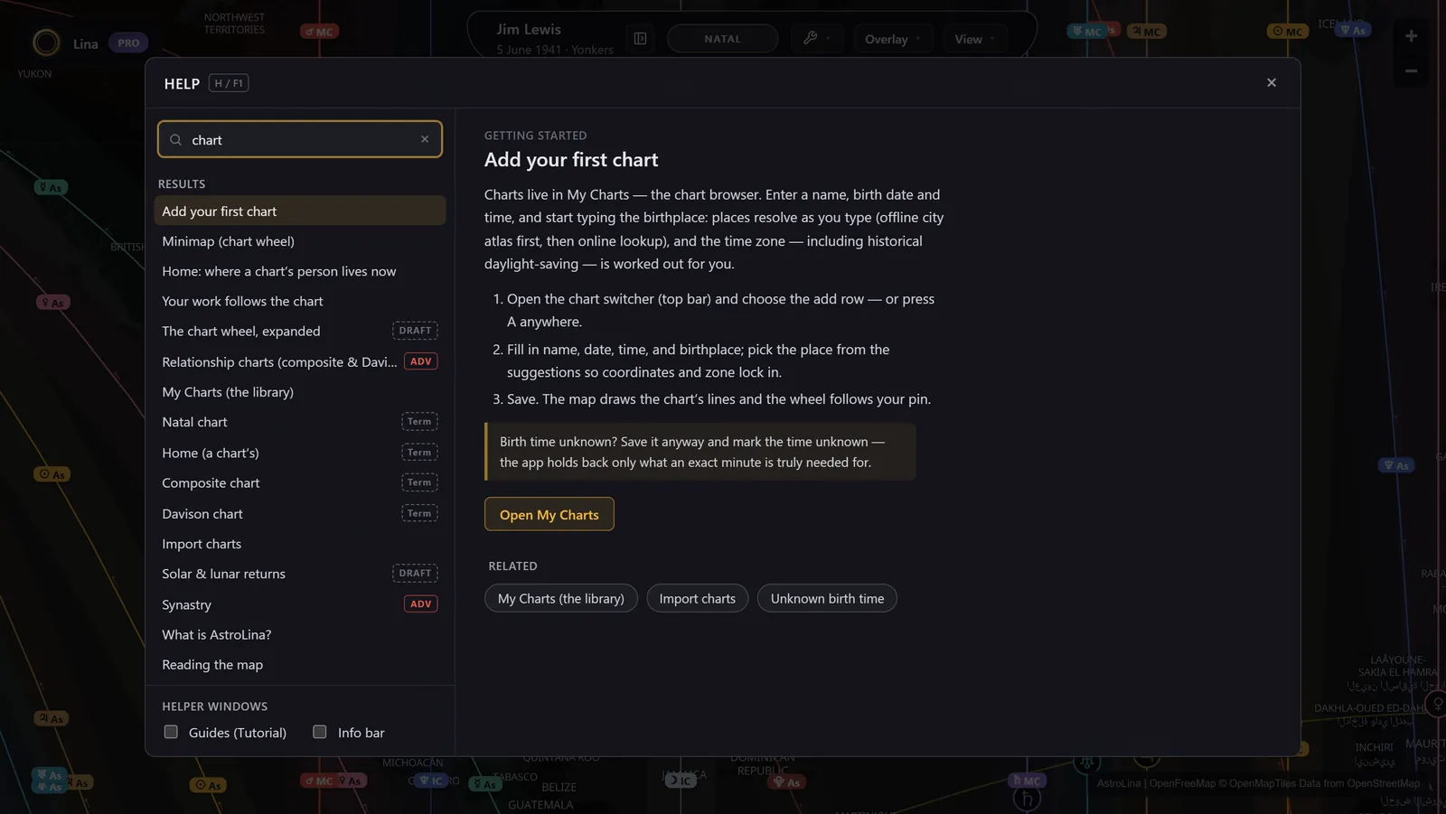 The full-screen help centre: a search for "chart" listing articles tagged by tier, with the "Add your first chart" guide open beside them and its button to open the chart browser