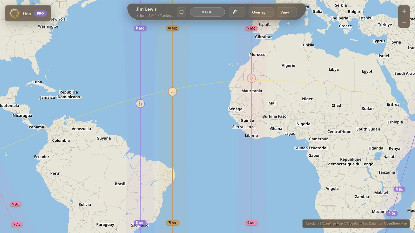 Three planetary MC lines crossing the Atlantic and West Africa, each with a shaded influence band either side and a circle marking the point where that planet stood directly overhead
