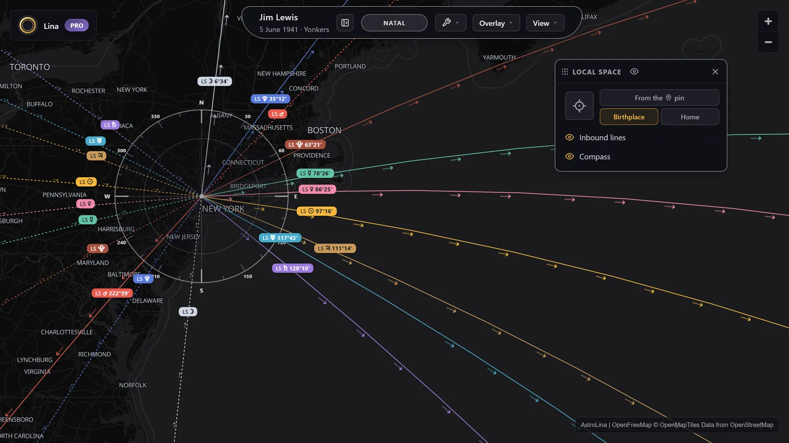Direction lines radiating from a single origin across the map, one per planet, beside a compass dial listing each body's azimuth