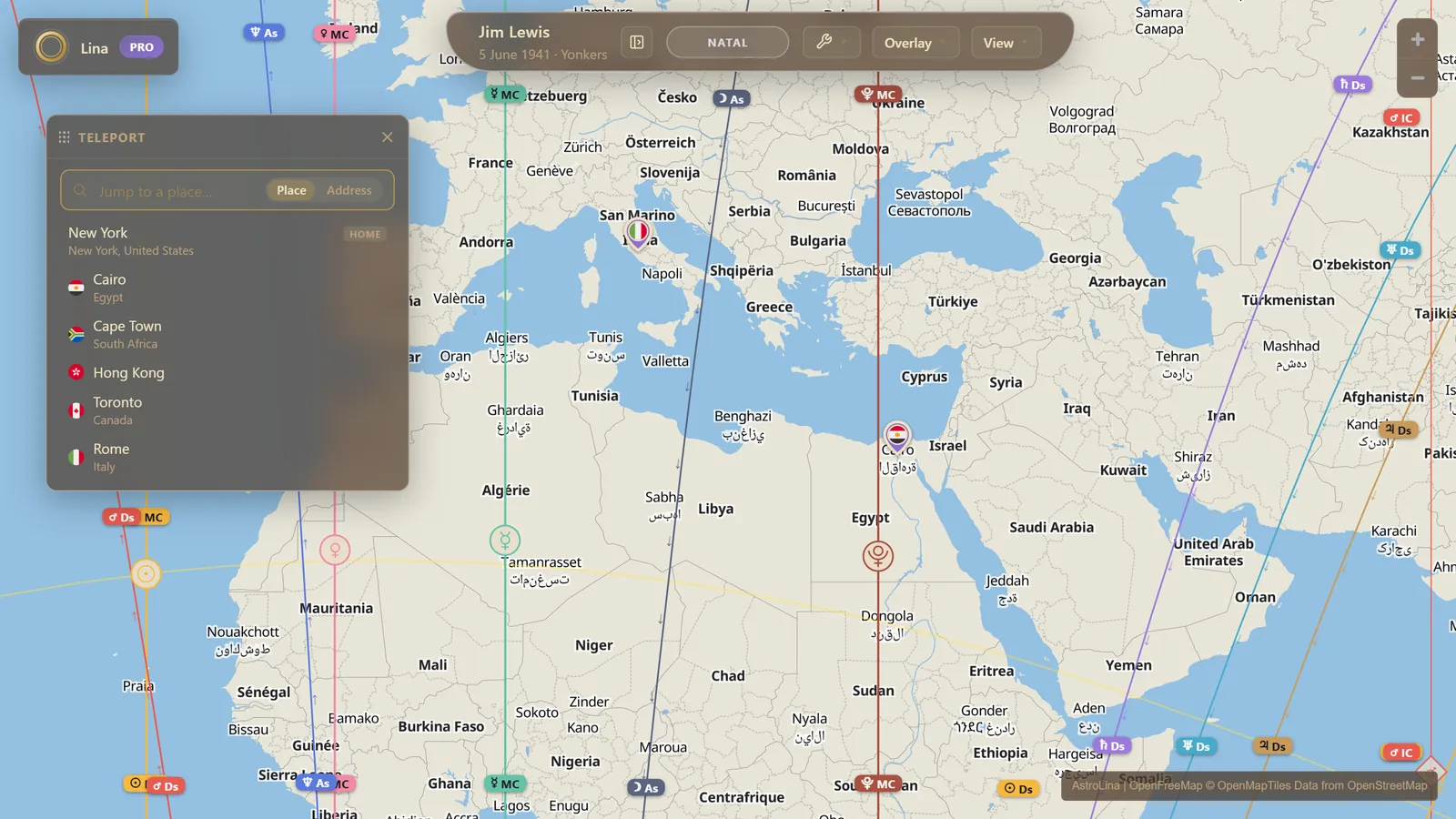 A place-search field with a Place and Address scope switch, showing the chart's Home and flag-flying saved pins before anything is typed