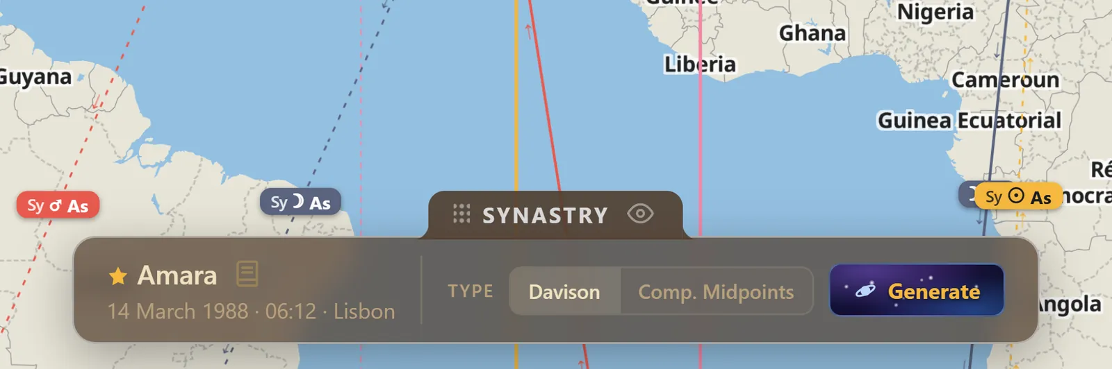 The Synastry bar docked at the foot of the map, naming the partner chart and its birth details beside a choice of Davison or composite midpoints and a Generate button