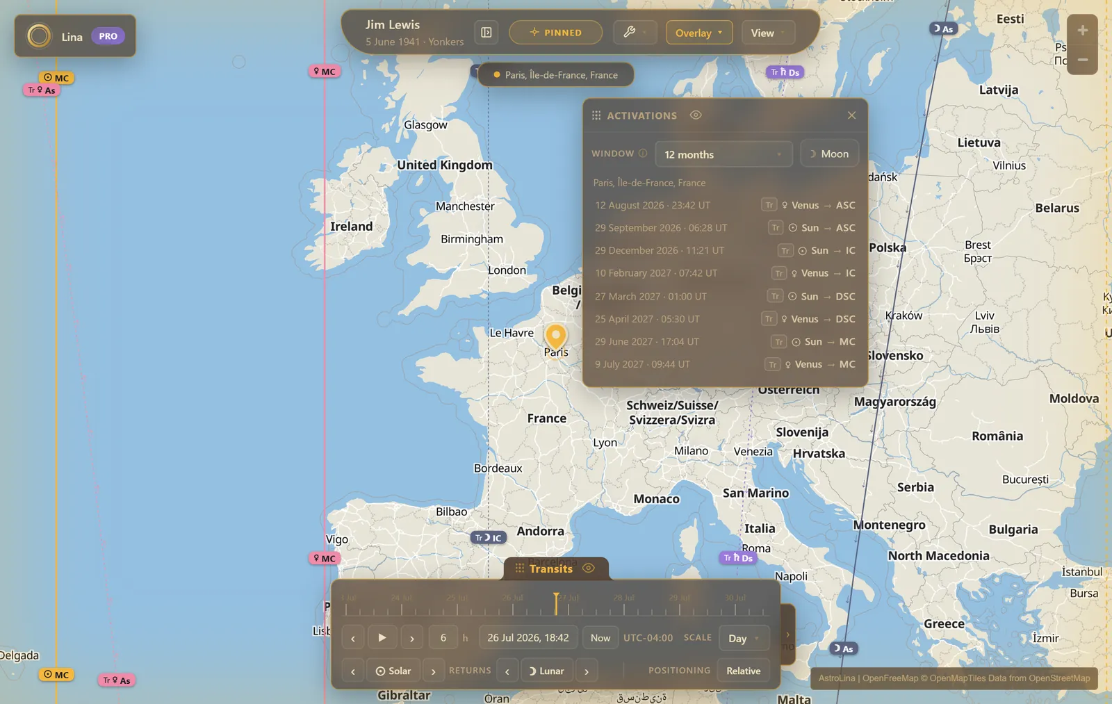 Transit lines sweeping the map above a timeline bar, with a dated list of the exact moments each body reaches the pinned place's relocated angles