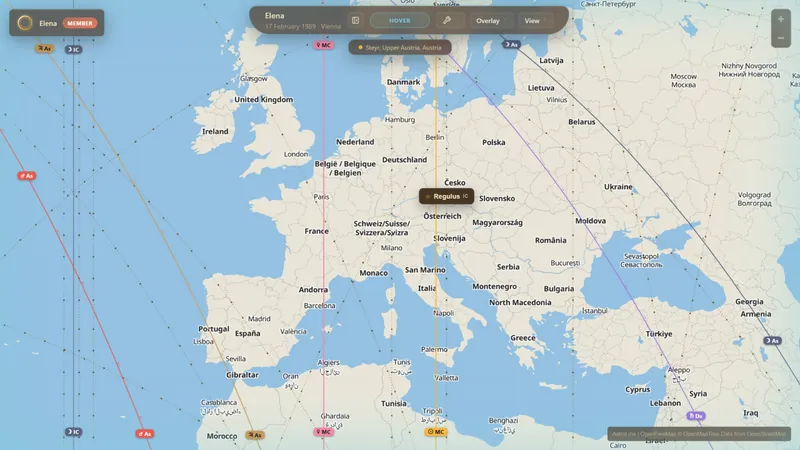 Fixed-star lines drawn across Europe.